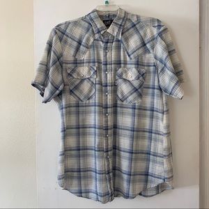 Vintage 80s Levis Mens XL Western Shirt Pearl Snap Plaid Blue Green Short Sleeve